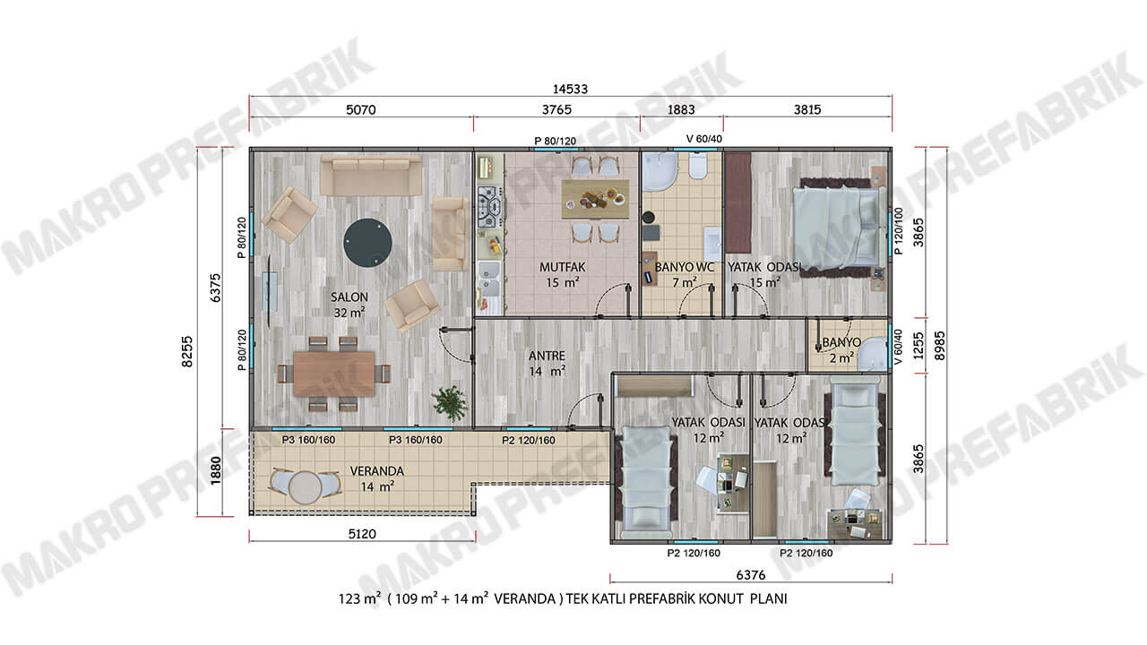 Prefabrik ev 123 m2 planı