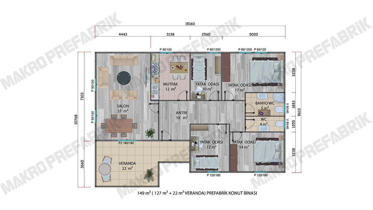 Prefabrik ev 149 m2 planı