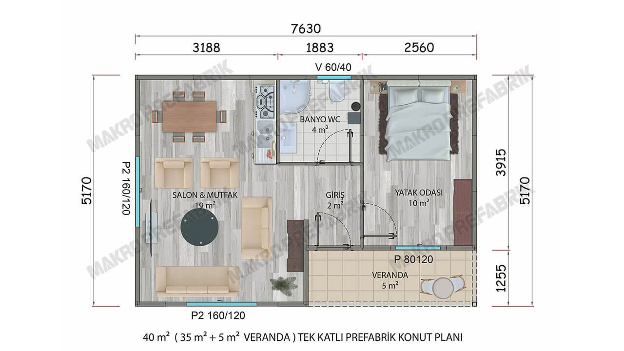 Prefabrik ev 40 m2 planı