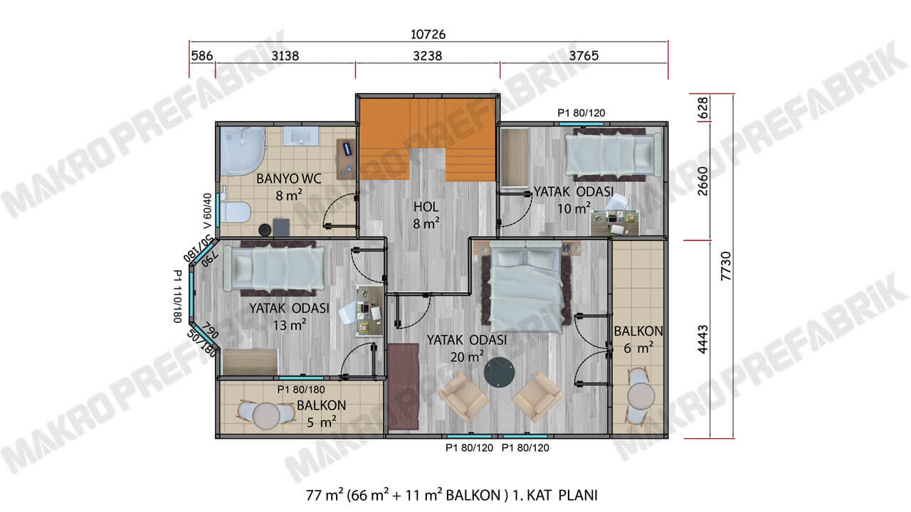 Prefabrik Villa 155 m² Kat 1 Planı 2